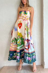 Vibrant Artistic Print Sleeveless Maxi Dress Breathable Linen-Blend Fabric Square Neckline Sleeveless Bohemian-Inspired <b>Sundress</b> - Product Image 6