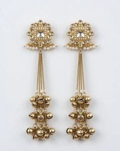 Pendientes de Lujo para Mujer, Diseño Indio Cachemirí, Chapados en Oro, Estilo Étnico Geométrico Tradicional, Largos, con Cristales y Pedrería, para Novia - Product Image 1