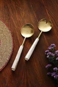 Elegant Gold Serving Spoon <b>Set</b> With Ceramic Handle Dishwasher Safe Wedding Party Use - Product Image 1