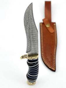 Custom Handmade Damascus Steel Outdoor <b>Knife</b> Segmented Striped Handle <b>Carved</b> Brass Guard Leather Sheath - Product Image 5