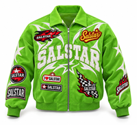 Veste bomber de course verte personnalisée pour homme avec patchs brodés, veste varsity streetwear, veste de mode avec logo personnalisé