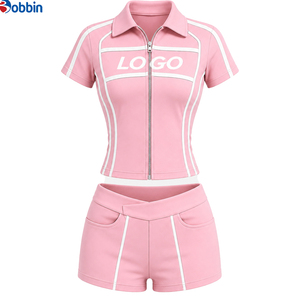 Vêtements pour femmes, ensemble sportif rose 2 pièces pour femmes, haut à manches courtes avec fermeture éclair, short taille haute, respirant, tricoté, pour l'entraînement, vêtements de printemps - Product Image 1
