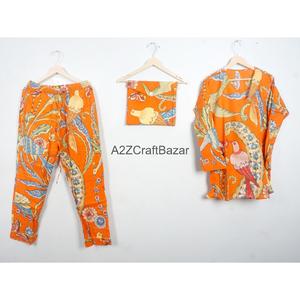Conjunto de Pijama de Algodón con Estampado Floral Naranja para Mujer, Hecho a Mano, Manga Larga, Cuello en V, Cintura con Cordón Ajustable, Ropa de Dormir Informal de 2 Piezas - Product Image 1