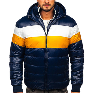 Men's Hooded Puffer <b>Jacket</b> Color Blocking Navy White <b>Yellow</b> Windproof Winter Warm Thick Polyester Quilted Coat Regular Fit - Product Image 4