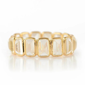 18K Gold Rainbow Moonstone Eternity Band with Sapphire Ruby Emerald Micro Insert Prong Setting - Product Image 2