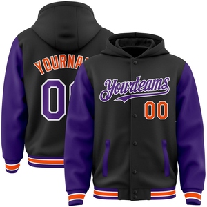 เสื้อแจ็คเก็ตฮู้ดดี้แบบมีกระดุมเต็มตัว สีดำ-ม่วง-ส้ม  สองสี  แบบ Letterman  สั่งทำได้จาก OMMIZ INDUSTRY ขายส่งโดยตรง - Product Image 1