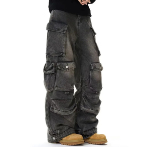 Jean cargo en denim pour homme, coupe ample, jambe large, style streetwear, délavé, en coton mi-lourd, style automne - Product Image 1