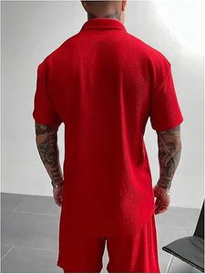 Men Summer Solid Street Style Knitted Embroidered 100% Cotton Quick Dry Short Sleeve Custom Logo Joggers Suits Set Shirt Shorts - Product Image 4