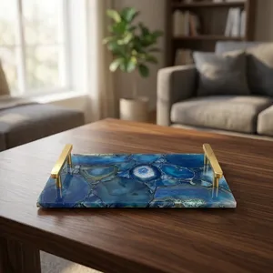 Plateau de service rectangulaire en agate avec poignées dorées, motif marbré bleu, fait main, plat décoratif moderne - Product Image 3