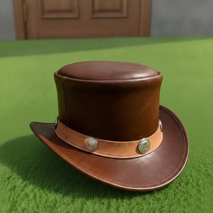 Premium quality custom made Handmade Brown Leather Top <b>Hat</b> Steampunk Western <b>Hat</b> with Concho <b>Band</b> - Product Image 2