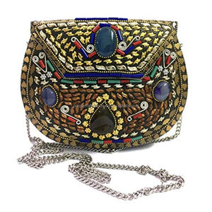 Bolso de hombro de mosaico de latón hecho a mano con monedero de metal con patrón de piedra roja y verde para fiesta y boda - Product Image 3