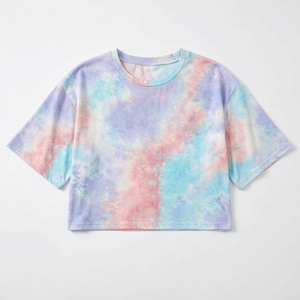 Camisetas Cortas de Verano para Mujer al por Mayor, Estilo Tie Dye Pastel, Manga Corta, Estampado Gráfico, Hombros Caídos, Oversize, Coloridas - Product Image 1