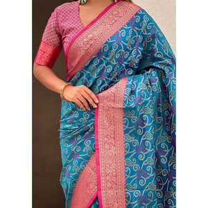 ผ้าซิลค์สีน้ำเงินเนื้อนุ่ม ทอลายแบนดานี ปาโตลา ซารี พร้อมลายทอแบบตัดกัน สำหรับชุดราตรี ผ้าทอระดับพรีเมียม น้ำหนัก 600 กรัม - Product Image 5