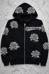 Sweat-shirt personnalisé avec impression en relief – Motif fleur blanche |   Sweat à capuche noir zippé |   Fabricant OEM de sweats à capuche avec motif de fleurs de carnation - Product Image 6