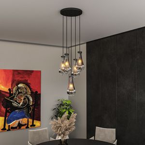 Lampadario a sospensione a 5 luci regolabile nero a grappolo per soffitti alti, ideale per ingressi, scale e soggiorni - Lampada a sospensione moderna per l'ingresso - Product Image 1