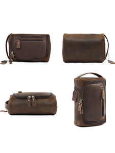 Bolsa de Maquillaje de Viaje de Cuero Crazy Horse, Estilo Vintage, Duradera, Portátil, de Cuero Genuino para Hombres y Mujeres, Venta al Por Mayor - Product Image 3