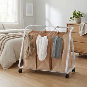 Portable laundry sorter <b>cart</b> 3 fabric bags laundry <b>cart</b> Steel frame wheels laundry <b>cart</b> Minimalist design laundry <b>cart</b> - Product Image 2