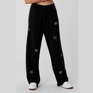 OEM Customized Floral Embroidery Women's Jogger <b>Pants</b> with Pocket Casual Sweatpants Oversize Elastic Waist Wide <b>Leg</b> <b>Track</b> <b>Pants</b> - Product Image 4