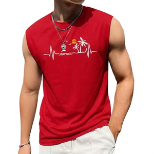 RexFit Sports Trending Men's Gray Sleeveless Tank Top Palm <b>Tree</b> Heartbeat Print O-Neck Casual Breathable Polyester Muscle Shirt - Product Image 4
