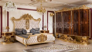 Lit Queen Size au design classique Baroque avec table de chevet, acheter un ensemble de chambre à coucher blanc et or, mobilier de chambre à coucher royal victorien New York - Product Image 3