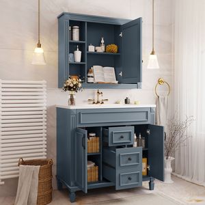 Mobile Bagno Moderno da 36 Pollici con Specchio Blu Reale, Lavabo Integrato, 2 Ante con Chiusura Ammortizzata e 2 Cassetti Blu Reale - Product Image 4