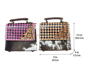 Fashionable Customized Tooled Cowhide Leather Crossbody Luxury Messenger Purse Checkered Floral Pattern Wholesale for Women's - Product Image 2