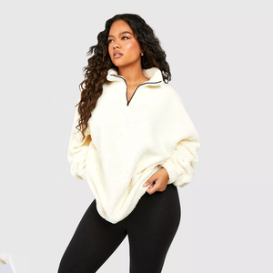 Sudadera de invierno de alta calidad para mujer, de forro polar extragrande, con media cremallera, cuello alto, color liso, hombros caídos, estilo chaqueta Sherpa - Product Image 1