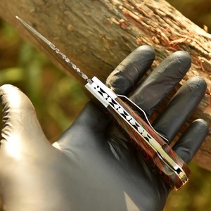 Copper Damascus Steel Folding <b>Knife</b> Back <b>Lock</b> Pakka Wood Handle with Pocket Clip & Sheath Cu Mai EDC Camping OEM <b>Knife</b> - Product Image 2