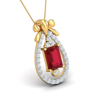 Luxury Women's Yellow Gold <b>Ruby</b> Pendant <b>Necklace</b> With Round Brilliant Cut Diamonds Bowknot Design Box Chain - Product Image 2