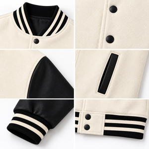 Blouson universitaire unisexe noir, couleur unie, fermeture boutonnée, style décontracté, coupe classique, pour l'automne, en laine et viscose respirante - Product Image 6