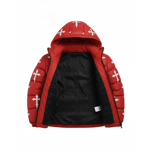 Veste matelassée à capuche pour homme avec imprimé croix rouge, manteau d'hiver bouffant, streetwear tendance, épais et chaud, logo personnalisé OEM - Product Image 3