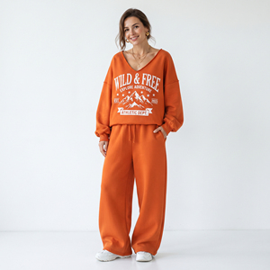 Ladies Oversize Printed <b>Tracksuit</b> 100% Cotton Loose Fit Sweat Suit <b>Women</b> Printing Mid Drawstring Waist Fleece Printing <b>Tracksuit</b> - Product Image 1