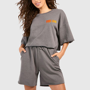 Custom Own Design T Shirt and Shorts Women French Terry Distressed Oversized T-shirt and Raw Hem Shorts 2 Piece <b>Set</b> For Womens - Product Image 1