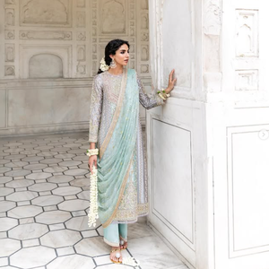 Élégant ensemble Anarkali en organza bleu clair brodé avec dupatta, tenue traditionnelle indienne et pakistanaise pour femme, longueur ras du sol - Product Image 3