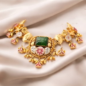 Traditional Indian Gold Necklace Set with Green Emerald Pink <b>Stones</b> and Matching Earrings Bridal Ethnic Temple Jewelry - Product Image 1