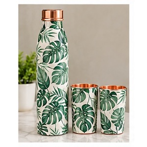Bouteille d'eau en cuivre bleu ciel avec motif d'oiseaux, ensemble thermos de voyage portable - Product Image 4