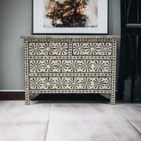 Commode Belladec moderne en os incrusté floral, écologique, légère et faite à la main, pour rangement dans le salon