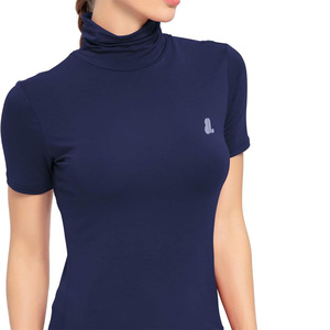 Haut décontracté à col roulé et manches courtes pour femme, en jersey uni, coupe régulière, respirant, en coton biologique non tissé 160g, avec logo, idéal pour l'été - Product Image 6