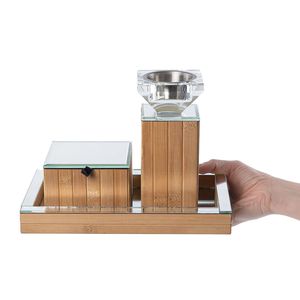 Ensemble de récipients en verre et bois modernes, base rectangulaire, bords miroir, design géométrique, bol métallique, artisanat artistique - Product Image 1