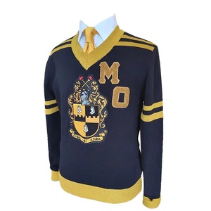 Women's Custom Brown V-Neck Knit <b>Sweater</b> Gold Embroidered Crest Letters Casual Full Sleeve 100% Cotton Twinset Double Breasted - Product Image 1
