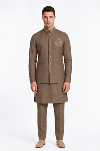 Ensemble de costume Bandhgala en soie/lin jacquard pour homme, vêtements ethniques indiens royaux sur mesure, costume de marié pour mariage et fête, 3 pièces - Product Image 2