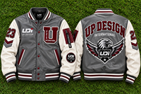 Veste universitaire en cuir gris sur mesure avec manches blanches, patchs d'aigle brodés, veste de baseball Letterman, fabricant OEM
