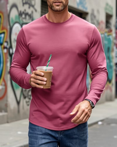 Men's Long Sleeve O-Neck T-Shirt Solid Pink Regular Fit Casual Knitted Jersey 100% Cotton Breathable Quick Dry 180g - Product Image 6