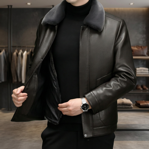 Blouson motard en cuir tressé pour homme, en cuir de mouton véritable, avec bordure côtelée et fermeture éclair - Product Image 2