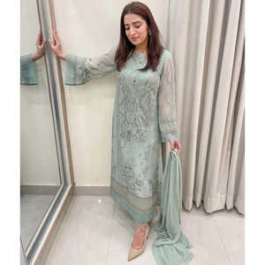 Conjunto de Top, Pantalón y Dupatta de Georgette Sintética Pesada para Mujer, para Fiestas - Product Image 6