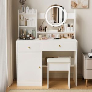 Fashionable Vanity Desk with LED Lights Cushioned Chair 3-Color Mirror Table Set for <b>Dressing</b> & Makeup - Product Image 6
