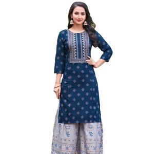 Dhwajaエクスポートヘビーデザイナーホイルプリントリヨンインドとパキスタンの女性のための半ステッチのKurtiとGharraraコレクション - Product Image 2