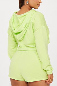Ensemble de survêtement décontracté d'été pour femme, vert lime, avec short et sweat à capuche court zippé - Product Image 6