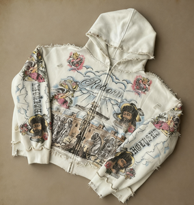 White Autumn Knitted Vintage Acid Wash Digital Printing <b>Zip</b> <b>Hoodie</b> 100% Cotton Oversized Men's Front Print <b>Pocket</b> Jacket - Product Image 3