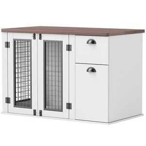 44-Inch White Wood Furniture Dog <b>Crate</b> with Double Door Storage Drawer for Large Breeds for Cats Rectangle Shape - Product Image 1
